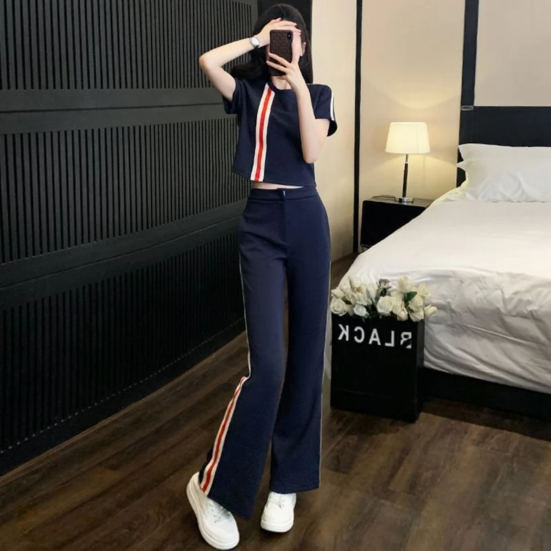 2025夏季新款运动套装女薄款圆领短袖长裤显瘦洋气减龄休闲两件套