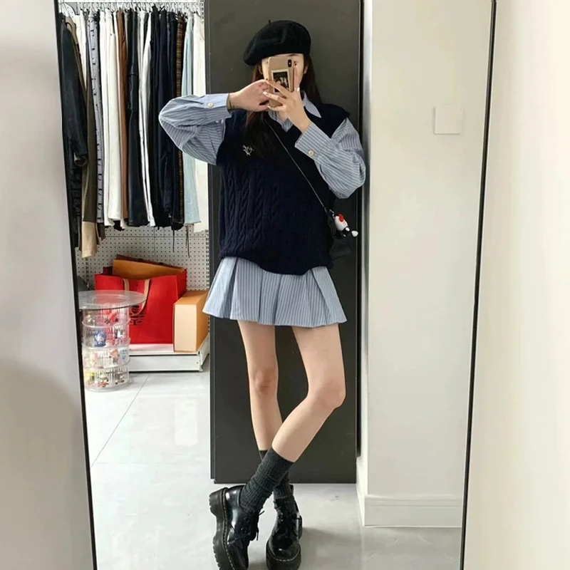 条纹长袖衬衫连衣裙子女装2025新款秋季小个子韩系穿搭学院风套装