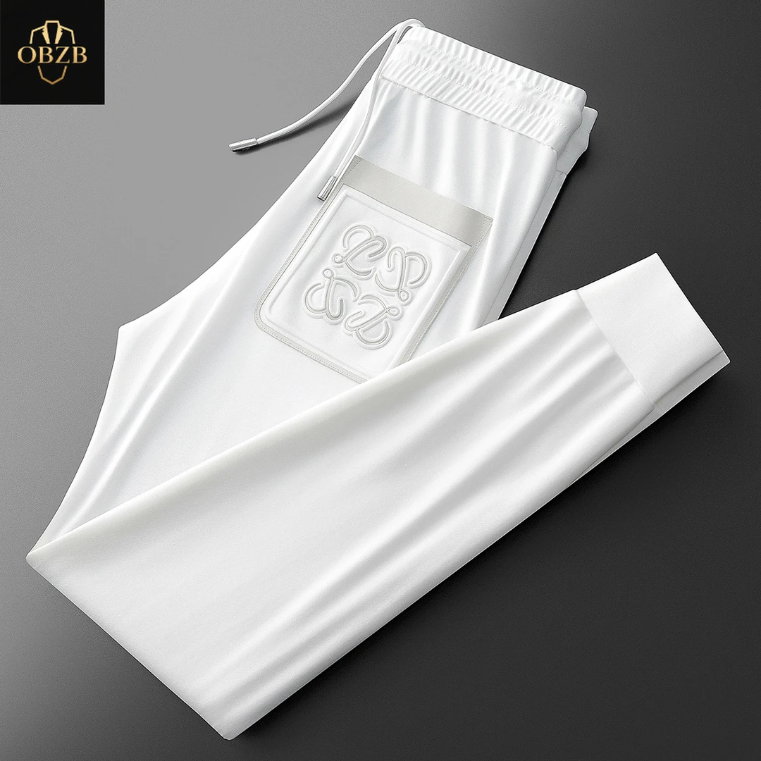 夏季高端撞色冰丝透气休闲裤男士修身小脚卫裤男款轻奢时尚运动裤