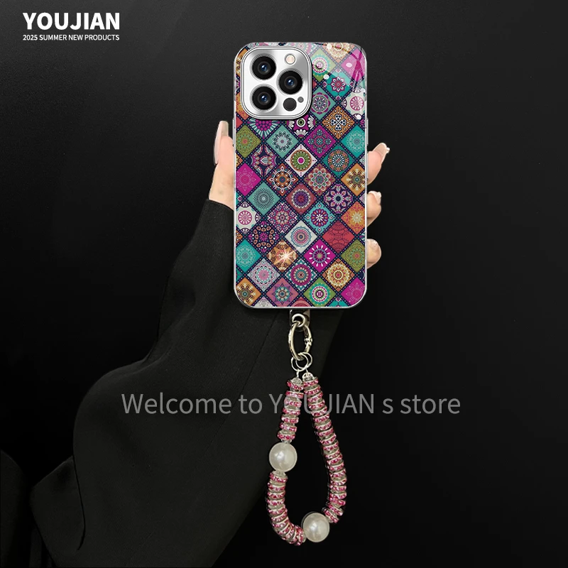 电镀玻璃适用苹果/oppo/华为/vivo/小米复古粉图腾创意手机壳女款