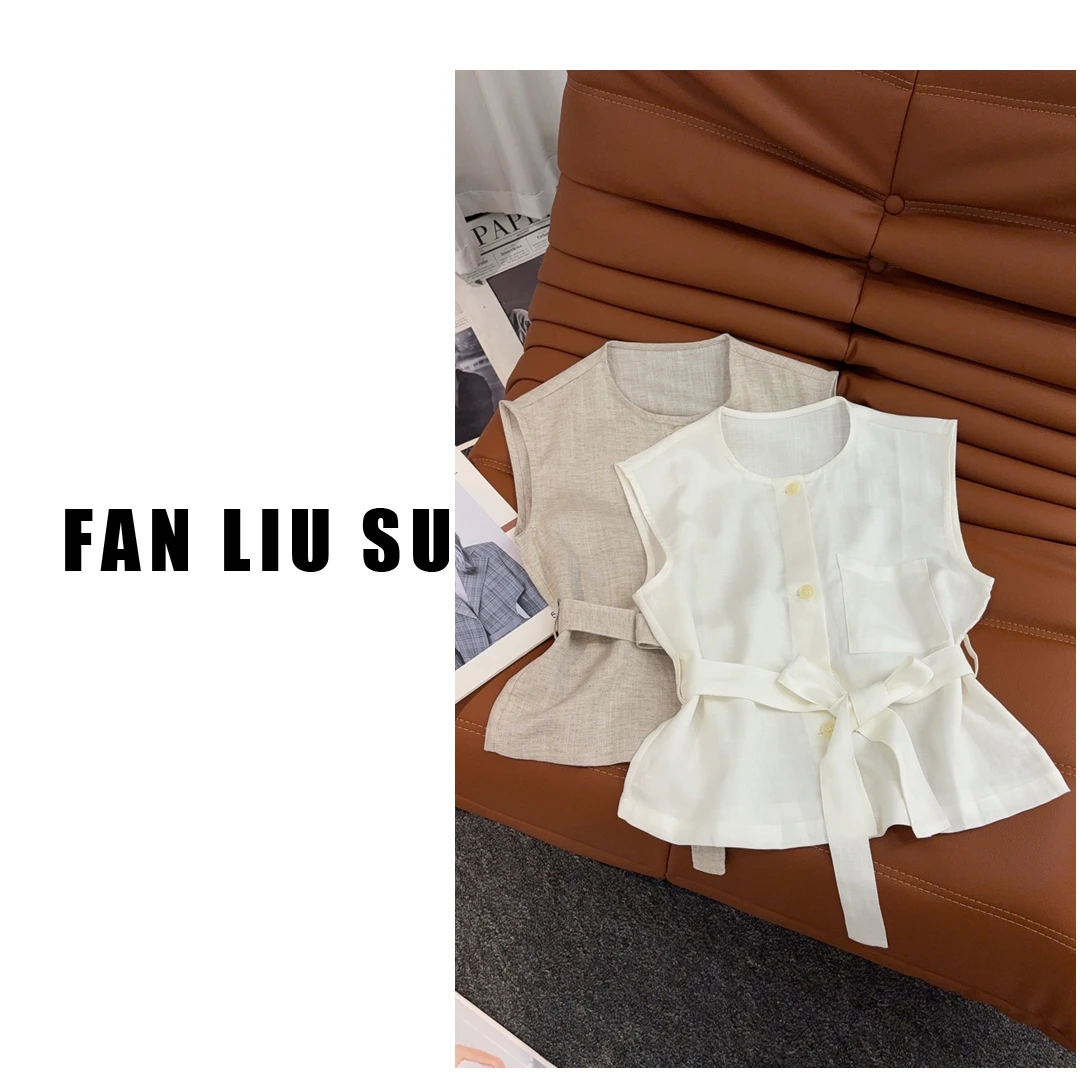 亚麻无袖上衣收腰马夹修身马甲2025新款女士夏季