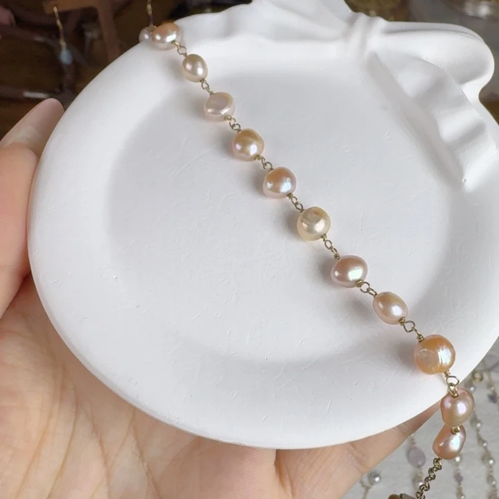 贝壳合金粉紫色珍珠原创手工绕线手链15+3