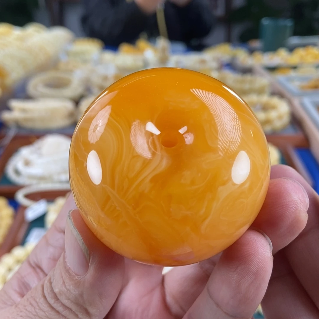 琥珀未镶嵌珠宝奇石鸡油红拉丝妖花蜡平安扣73