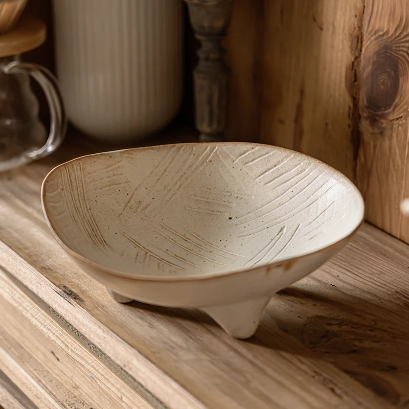 陶瓷餐具三足粗陶水果碗中古风异形碗复古高脚三足碗创意日式汤碗