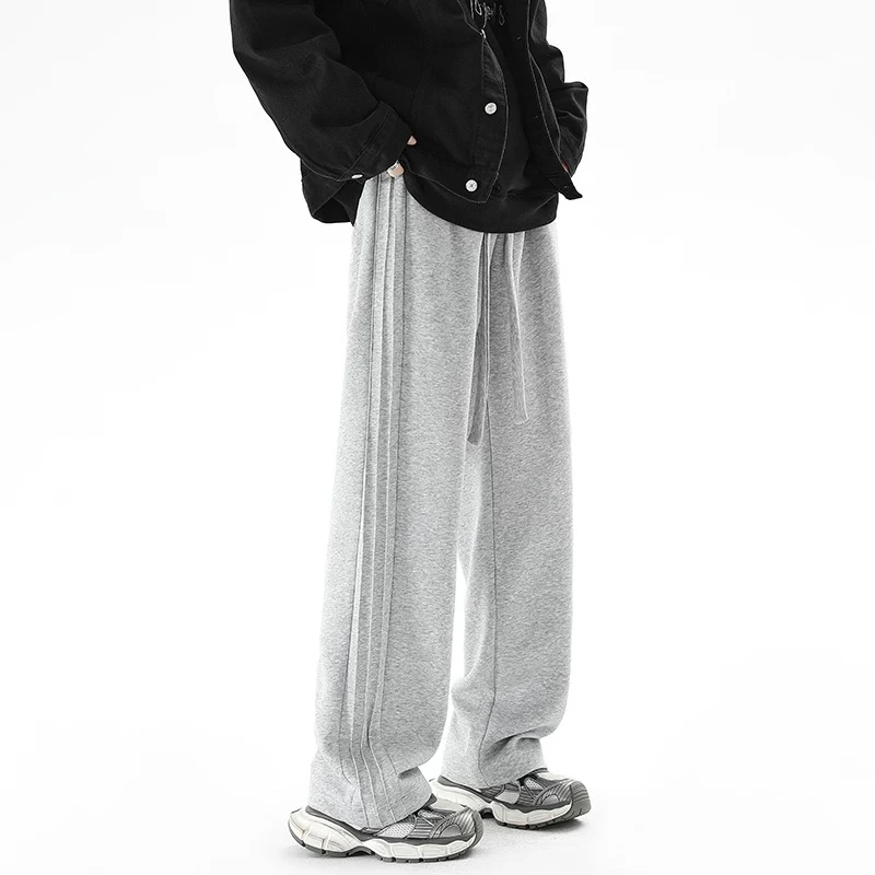 新品2025春夏季休闲运动褶皱条纹直筒卫裤宽松潮牌美式垂感长裤男