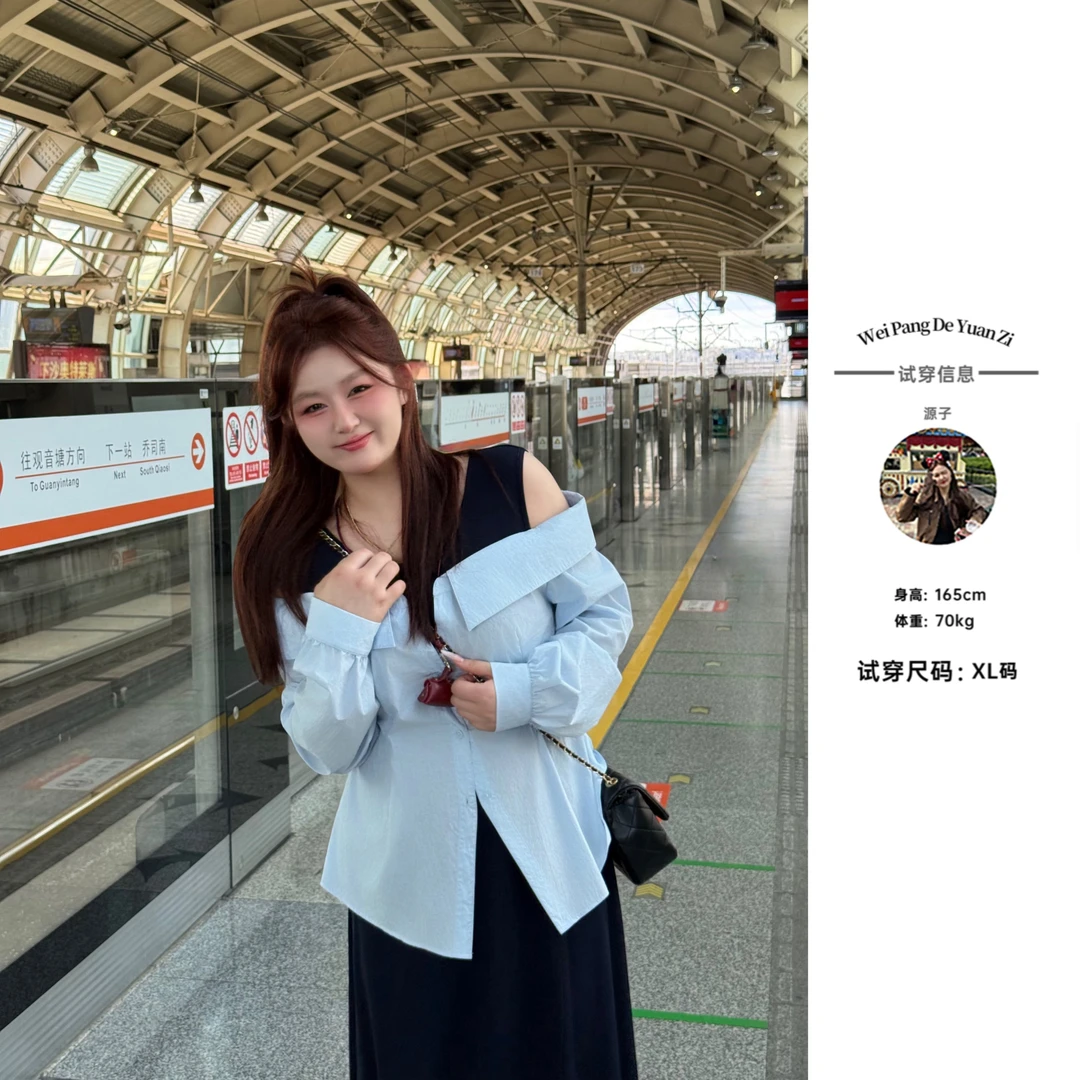 楠序【层次美学】源子微胖女装 2025年秋装衬衫假两件连衣裙YZ37010