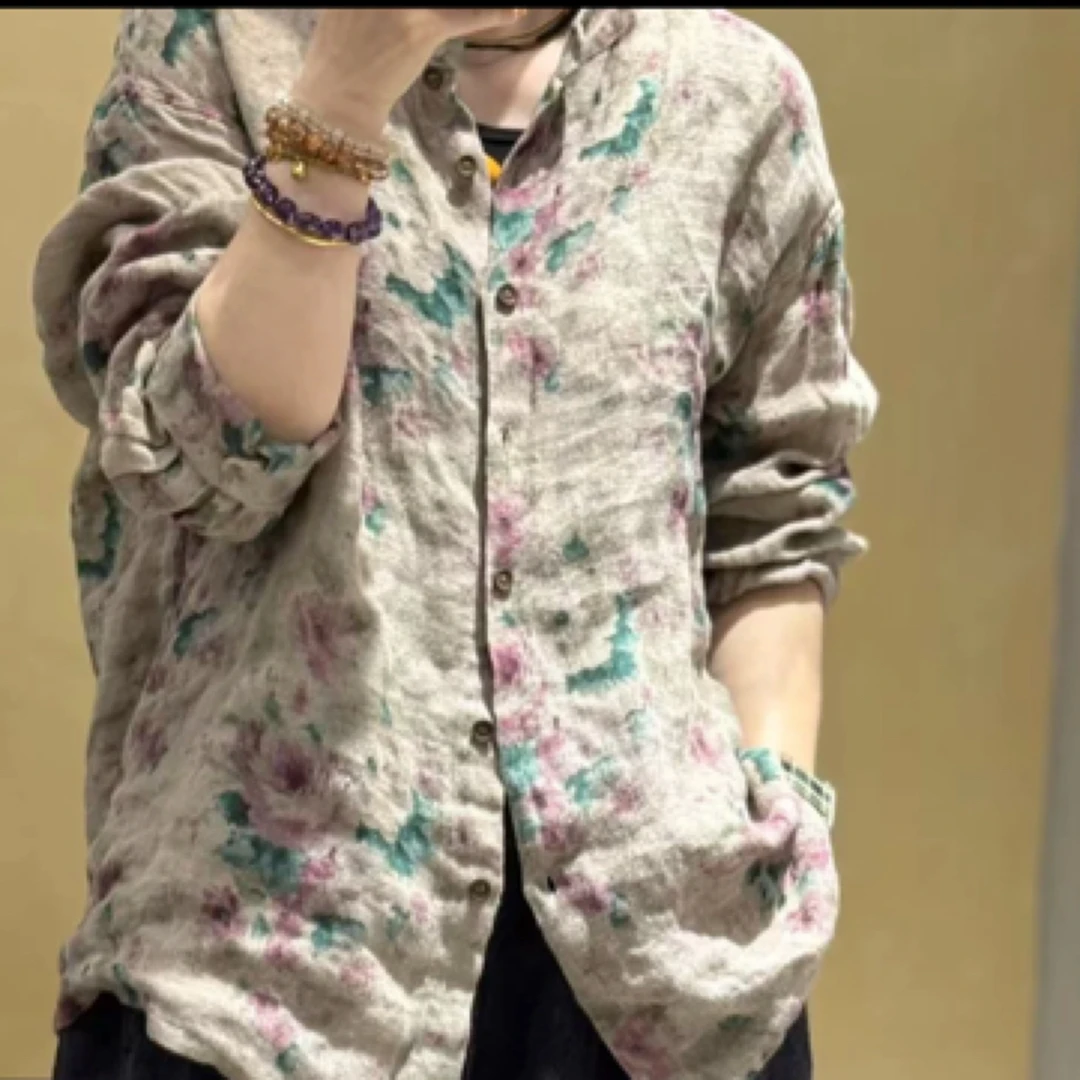 2025新款衬衣色织雨露麻印花立领高品衬衣2411112时尚休闲百搭