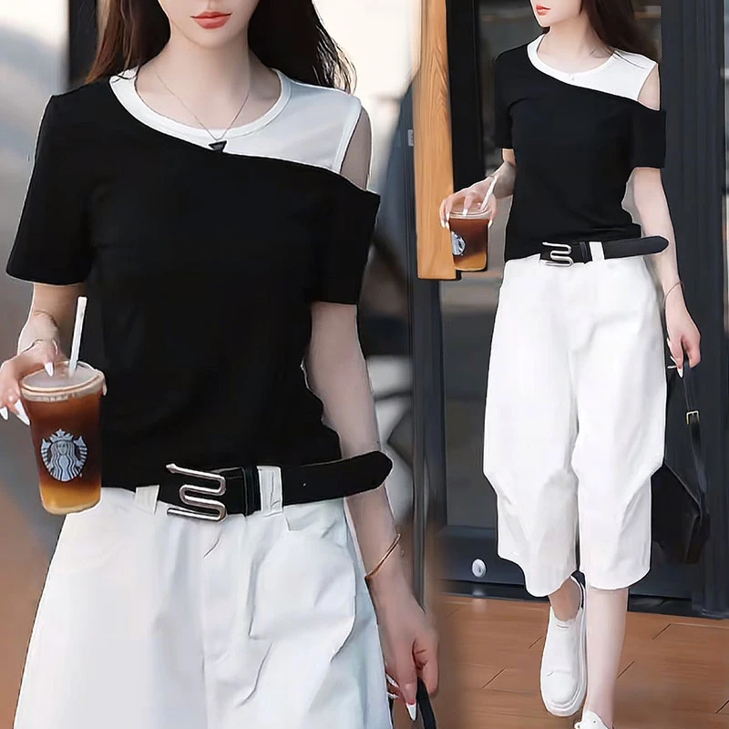 2025年夏季新款韩版短袖T恤配纯色休闲裤套装女时尚休闲两件套潮