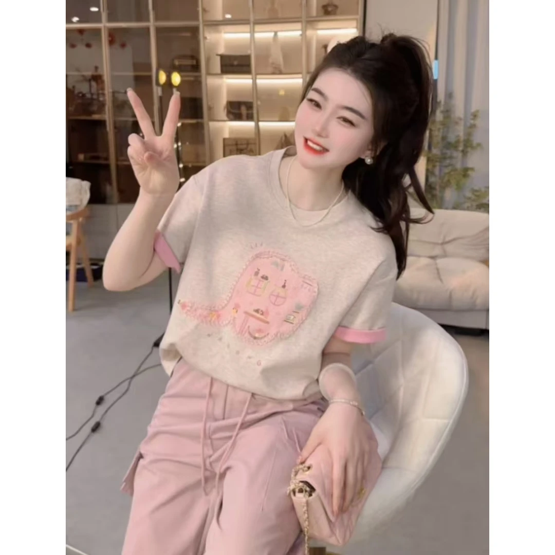 『拼色卡通Y』简约设计款显瘦百搭时尚款T恤0616