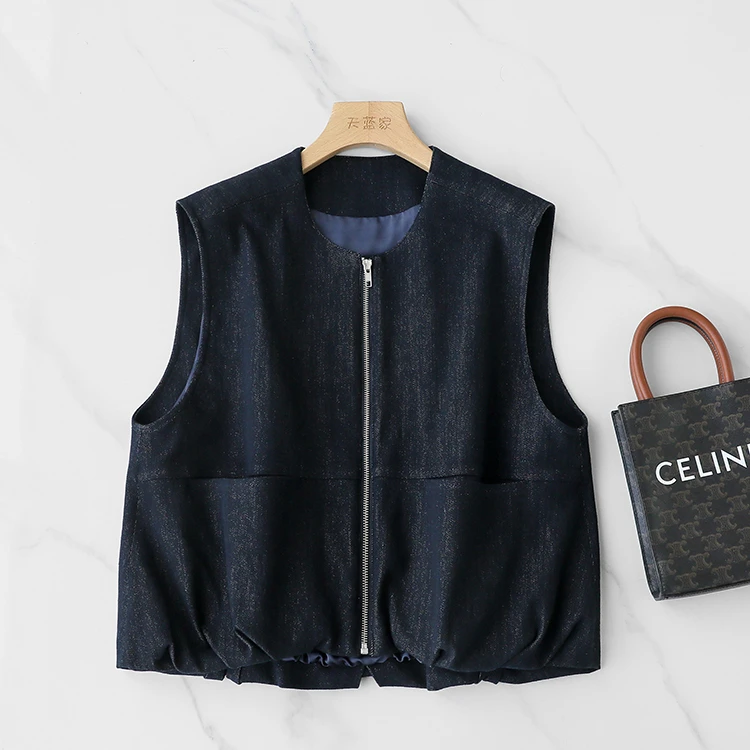 环保原色丹宁牛仔 底摆收褶宽松直筒牛仔马甲外套女春新