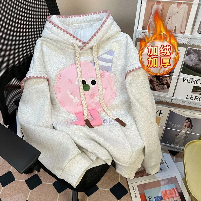 大码女装连帽加绒卫衣外套女洋气减龄立体刺绣设计感宽松显瘦上衣