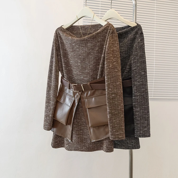 秋冬新款针织长袖搭配皮裙宽松休闲气质套装大码套装带腰带洋气