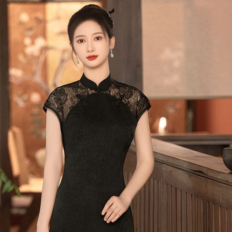 知荷墨影黑色连衣裙女2025夏新款短袖修身显瘦上班可穿旗袍蕾丝裙