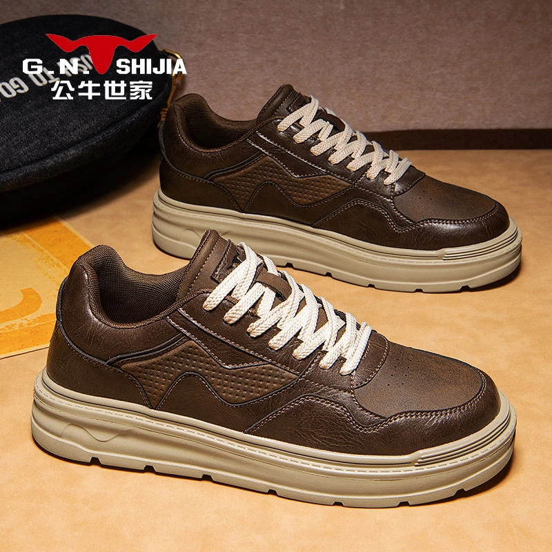 公牛世家男鞋2025新款秋季英伦皮面时尚休闲鞋轻便舒适复古板鞋