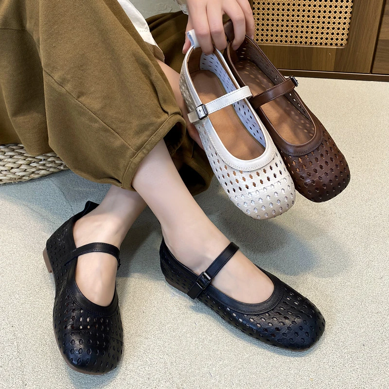 真皮女鞋夏季头层牛皮软底镂空凉鞋舒适女鞋百搭单鞋软底手工鞋