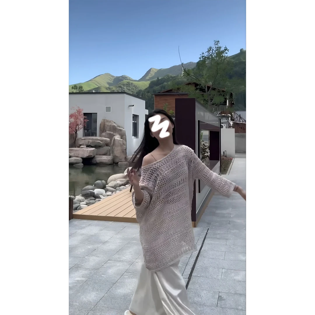 MARIE.COCO夏季2025年美式长袖镂空气质针织宽松上衣半身裙两件套