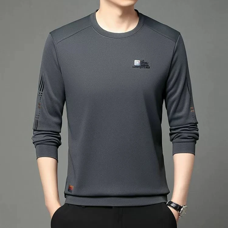 圆领男士时尚长袖t恤春秋薄款体恤中青年纯色卫衣宽松透气打底衫