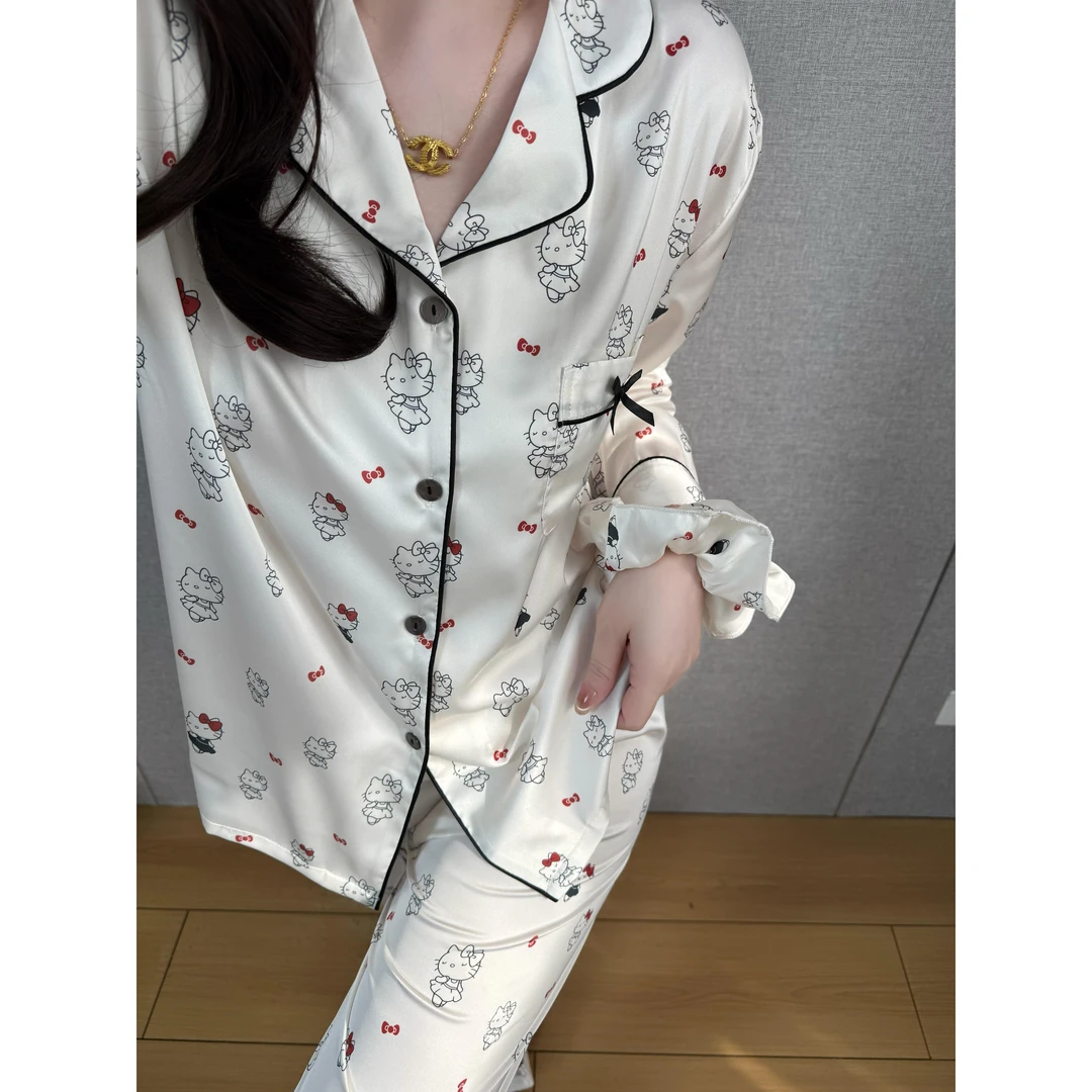 可爱卡通kt猫印花缎面冰丝睡衣女春秋2025新款长袖长裤家居服套装
