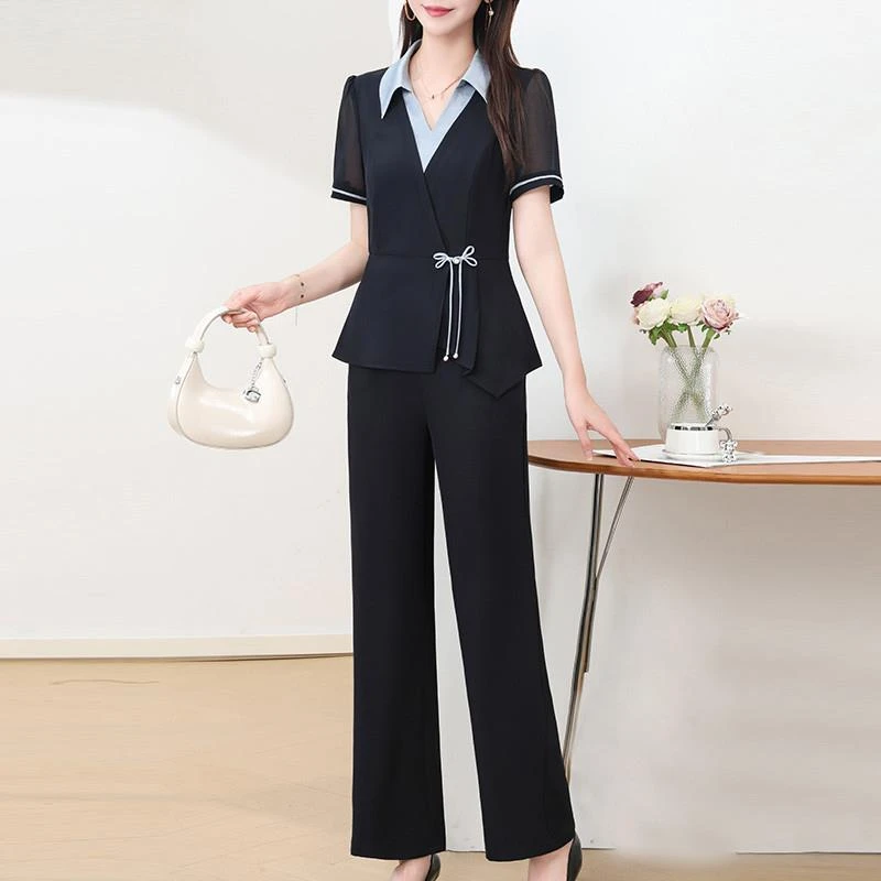 2025年夏装短袖衬衫上衣搭配阔腿裤两件套洋气新中式妈妈套裤女潮