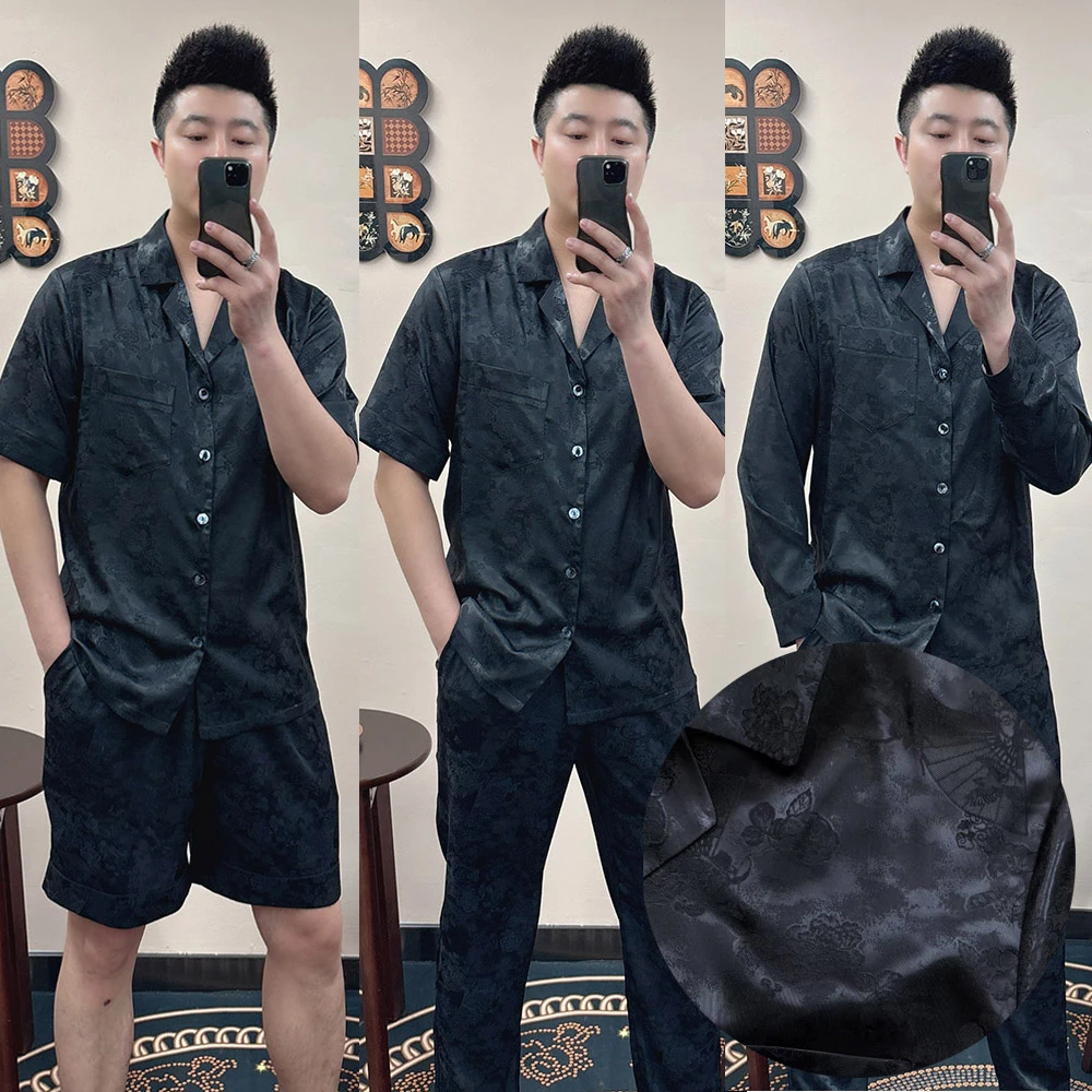 大码男士黑色印花睡衣套装2025夏季轻薄高档可外穿潮流大码家居服