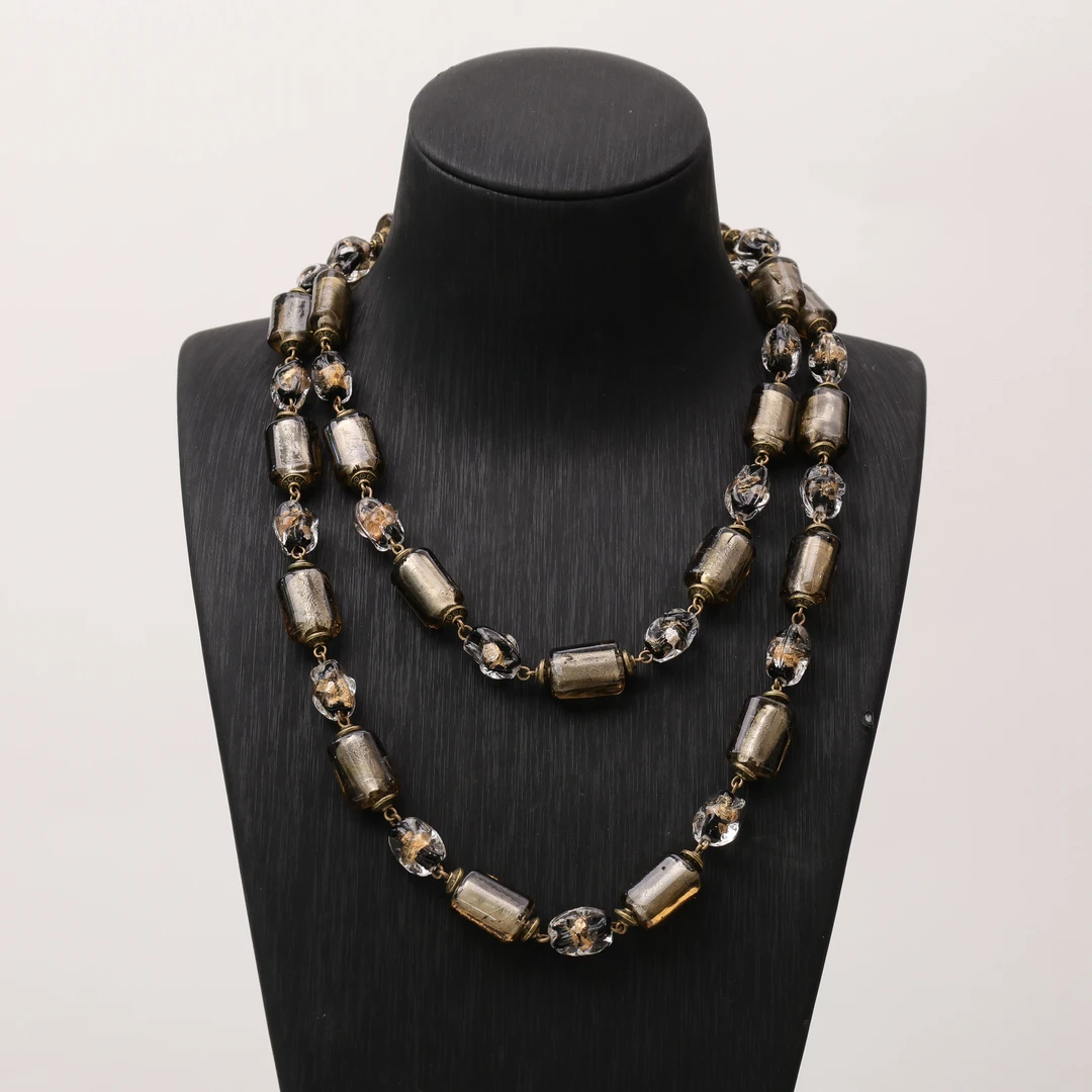 合金项链 玉楼东合金项链 LZ0962 灰色银箔黑色扭扭长款琉璃项链