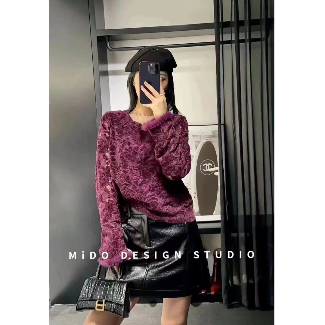 KIKI严选：24051-沐卡家欧洲站南油秋季毛袖拼网纱蕾丝钩花上衣