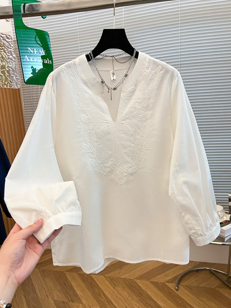 高级感麻料重工刺绣长袖衬衫女夏季薄款法式气质小衫超好看上衣