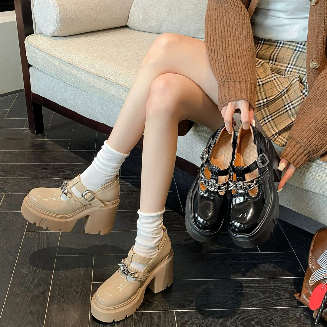 春秋新款时尚皮鞋小个子12cm玛丽珍鞋百搭厚底复古圆头增高女鞋