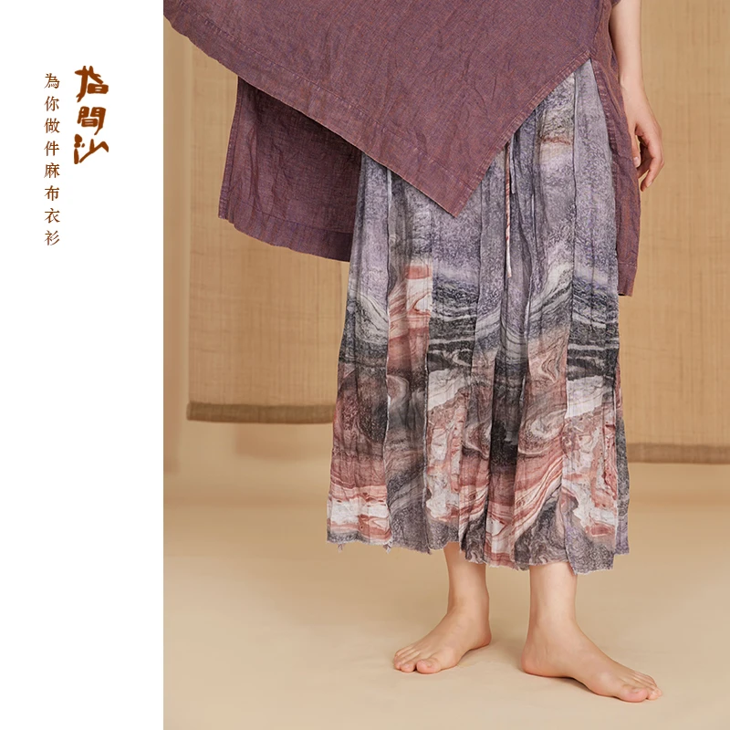 指间沙2522197女装25夏全松紧高腰拼接印花棉里裙裤中式阔腿裤