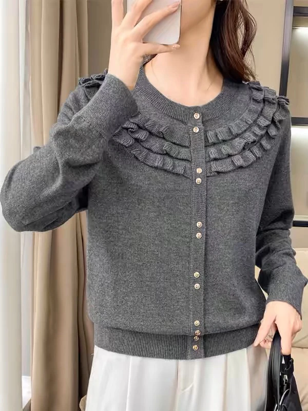 早春新款圆领荷叶边纯色简约百搭长袖针织开衫毛衣外套女