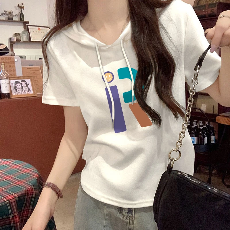 婳娇白色简约t恤上衣2025春季新款短袖连帽小众抽绳女装半袖上衣