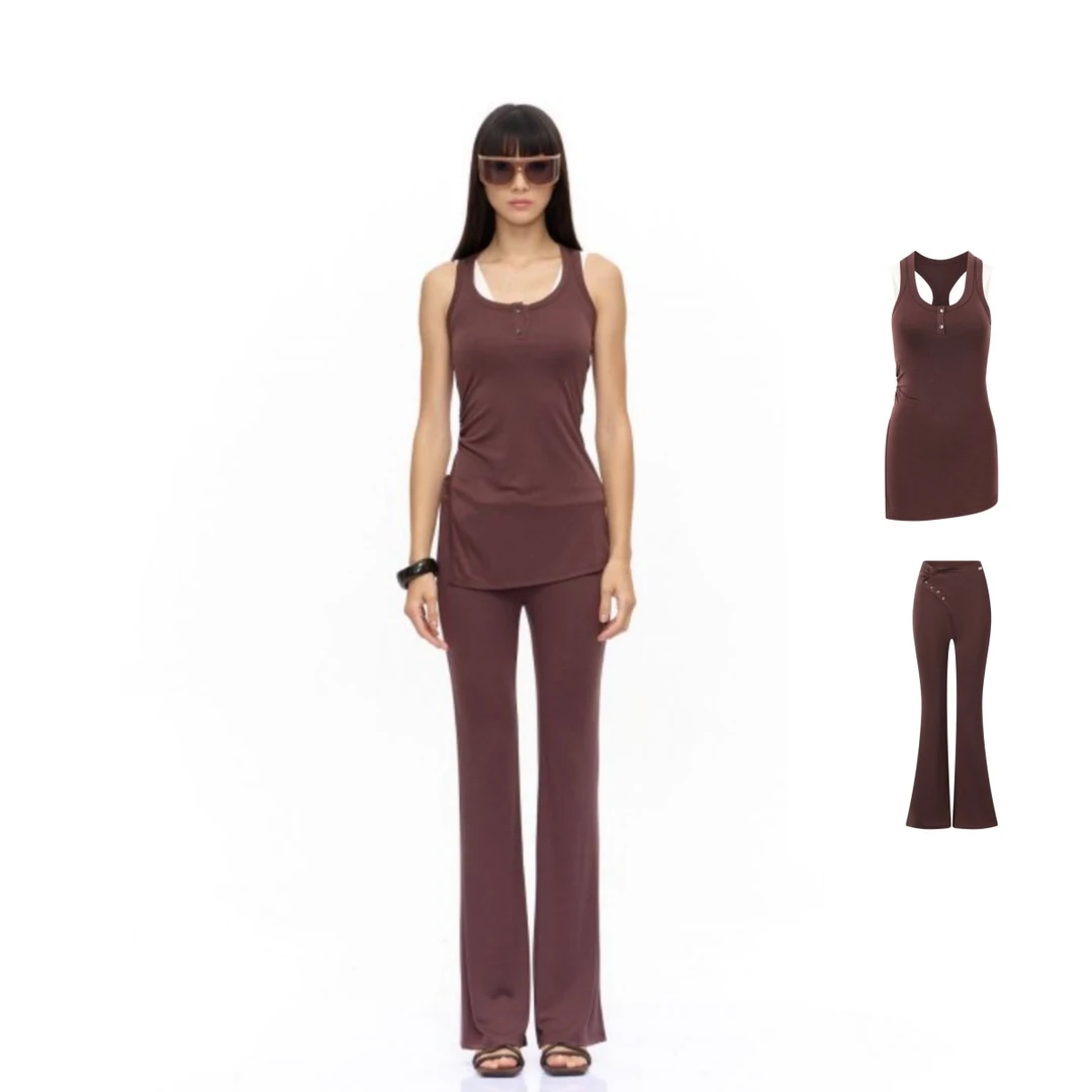 CNLEEWEI  25早秋新品吊带美背纯欲风/斜边纽扣喇叭休闲裤