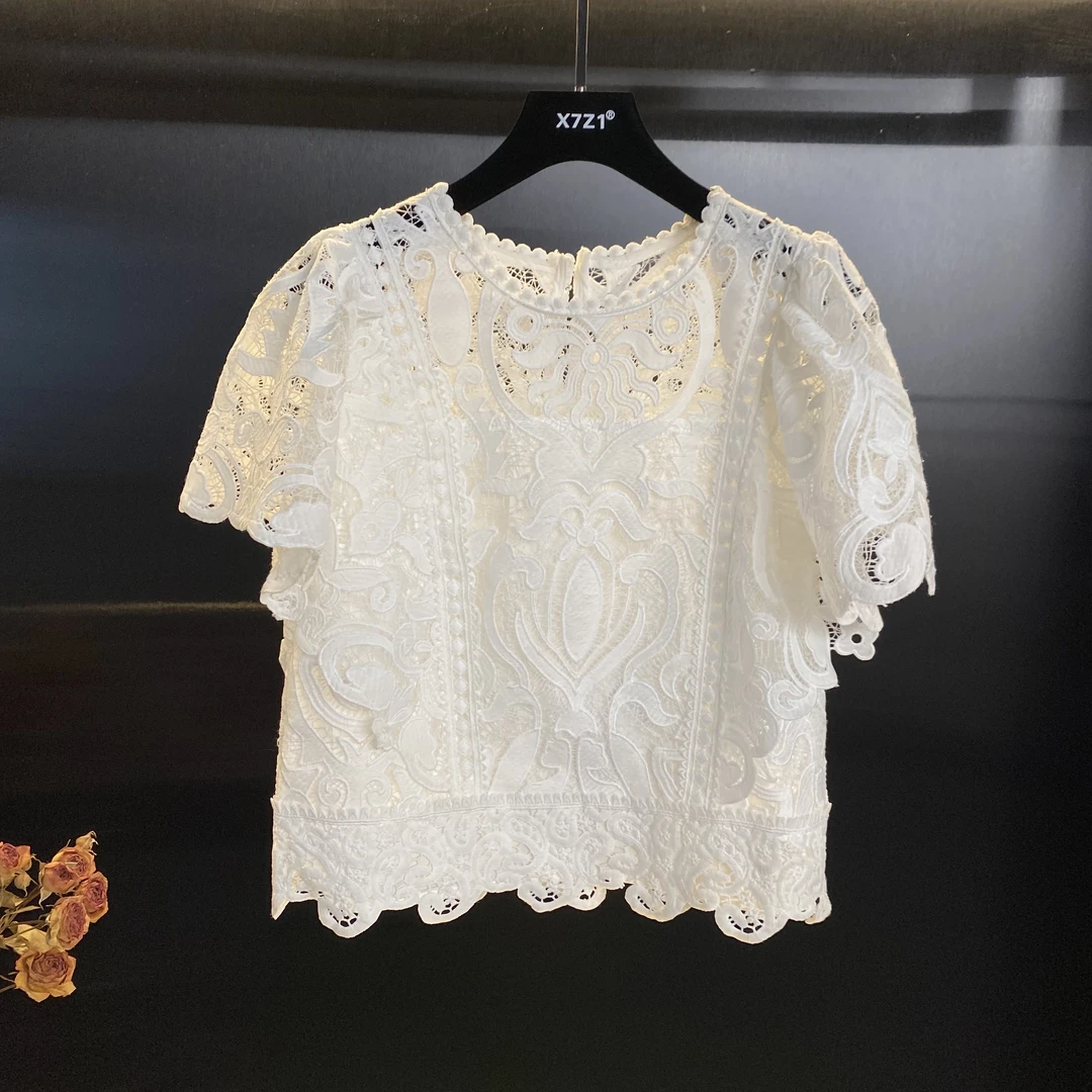 荷叶边飞飞袖短款蕾丝衬衫重工衬衣老钱风森系