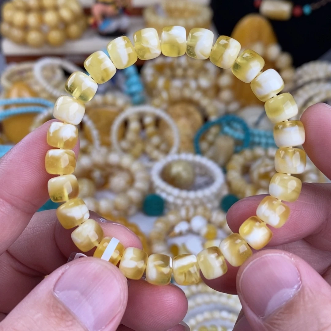 蜜蜡未镶嵌手链金瓷白妖花8mm