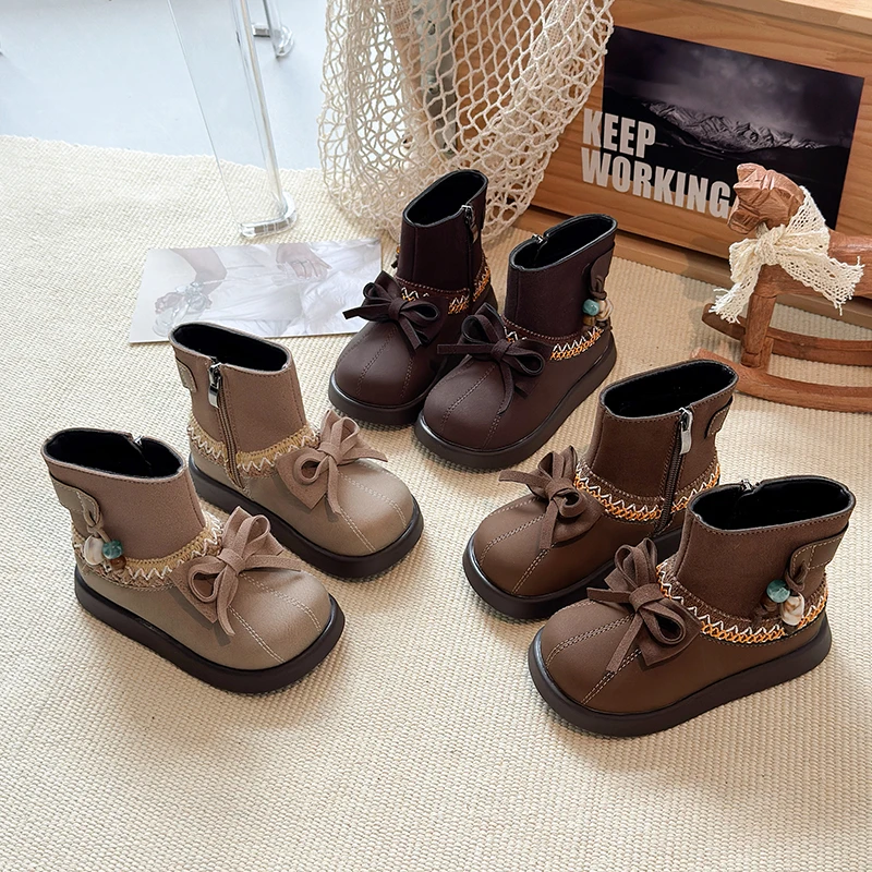 儿童单靴女童古风马面裙汉服靴时尚低筒短靴2025秋季新款时尚皮靴