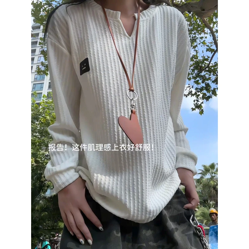 肌理感V领硅胶印花长袖T恤男2025秋季新款美式宽松休闲百搭卫衣