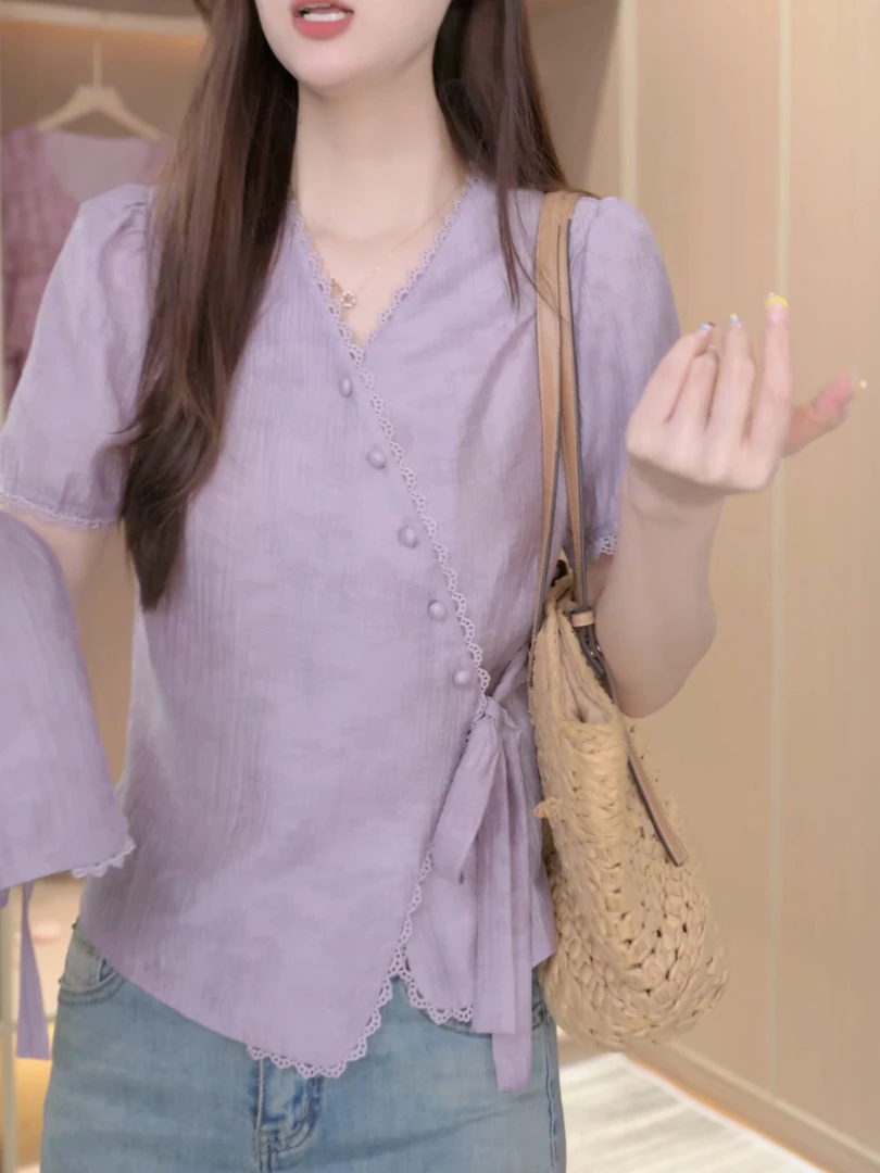 温柔风洋气紫色短袖衬衫女2025夏季新款收腰系带短款上衣气质女装