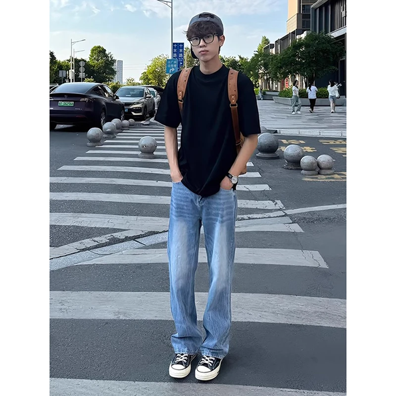 冰蓝水洗闪电纹牛仔裤男夏季薄款美式高街vibe牛仔裤直筒微喇长裤