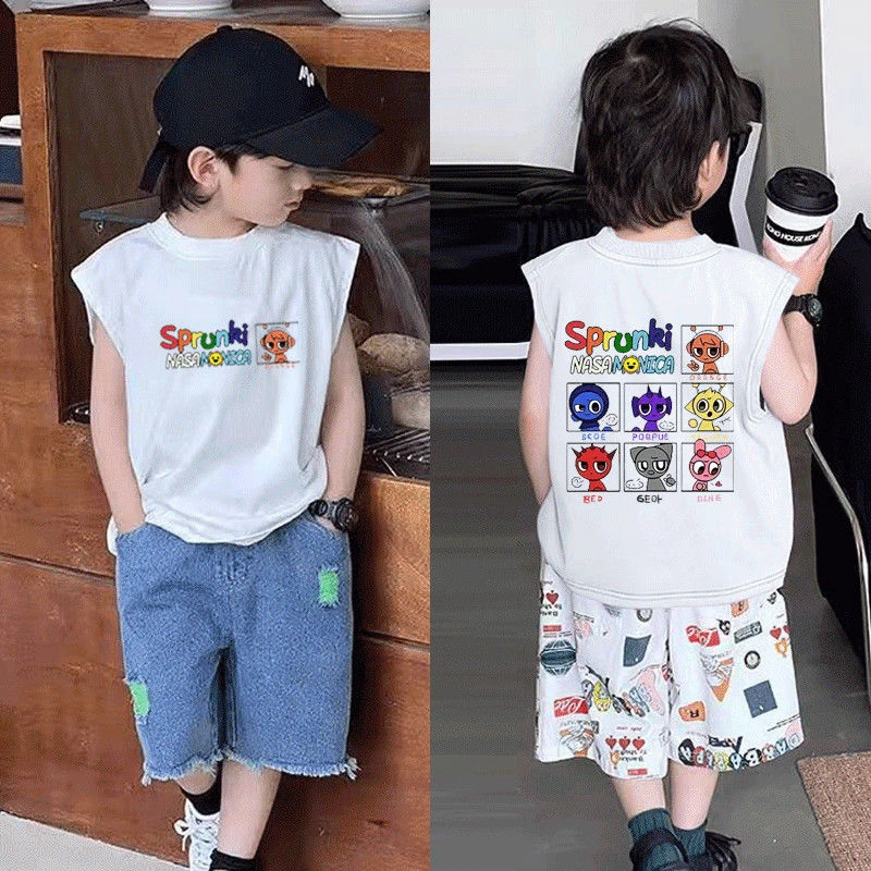 国潮纯棉无短T恤夏季节奏盒子新款背心男儿童中小童卡通洋气宝宝t