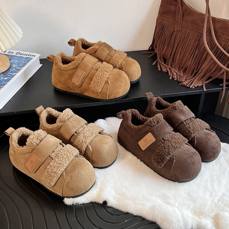 加绒魔术贴勃肯鞋女2025冬季新款保暖厚底百搭毛绒雪地棉鞋面包鞋