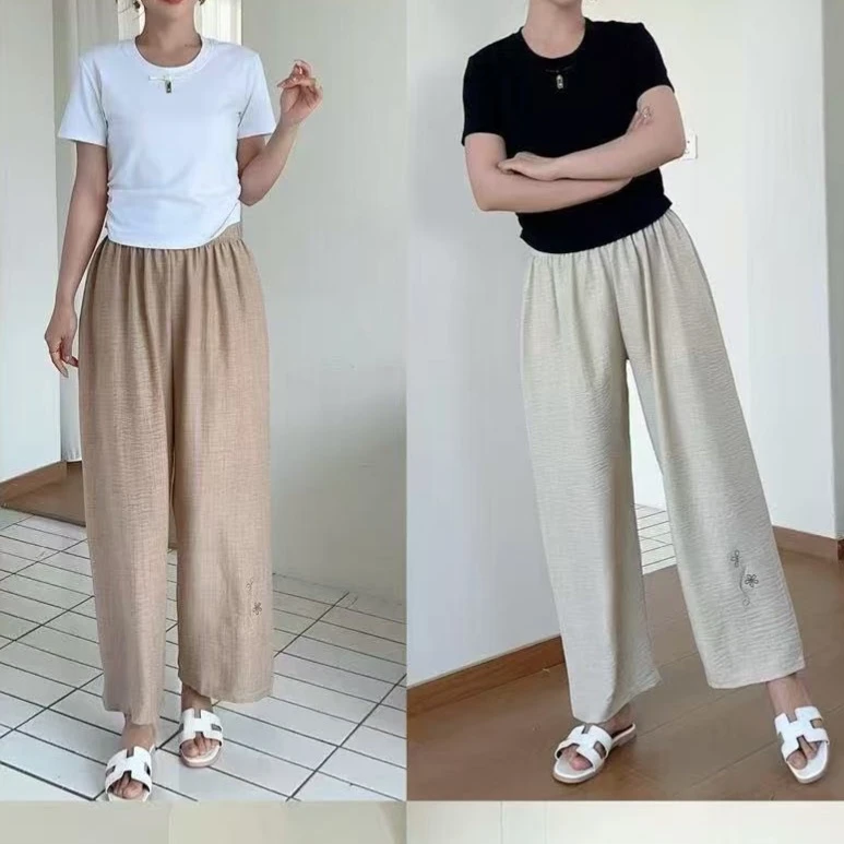 3111纯色裤脚绣花直筒裤薄款