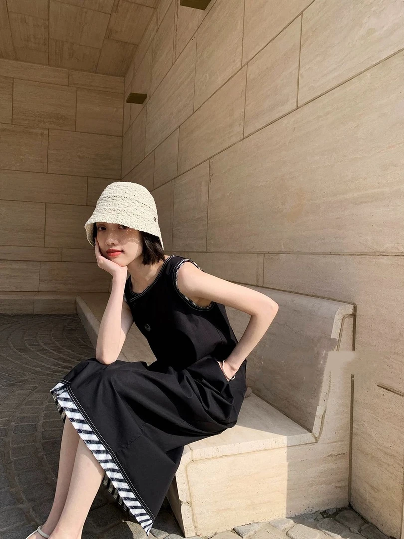 Hanhan.撞色无袖慵懒显瘦连衣裙透气吸汗天丝亚麻