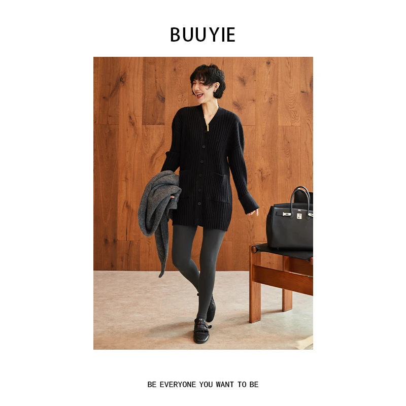 BUUYIE【墨织】高知穿搭针织开衫女韩系显瘦毛衣外套上衣251018