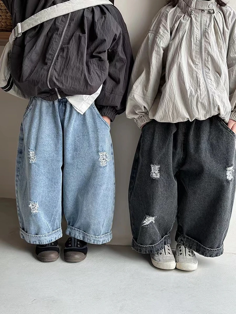 2025秋季新品男女童破洞百搭洋气宽松做旧牛仔阔腿裤2515