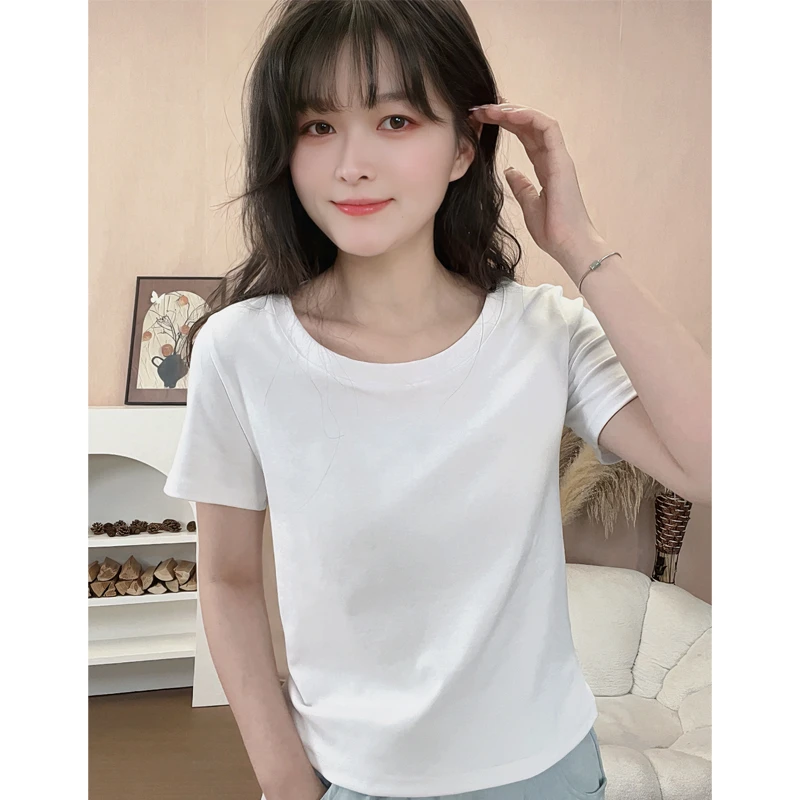 精梳棉高弹力棉短袖T恤女修身显瘦正肩2025夏季新款透气亲肤上衣