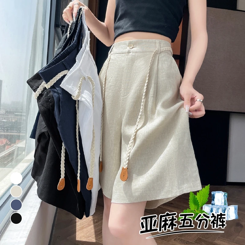 现货2025夏季新款天丝亚麻五分裤A字阔腿高腰棉麻薄款短裤女时尚
