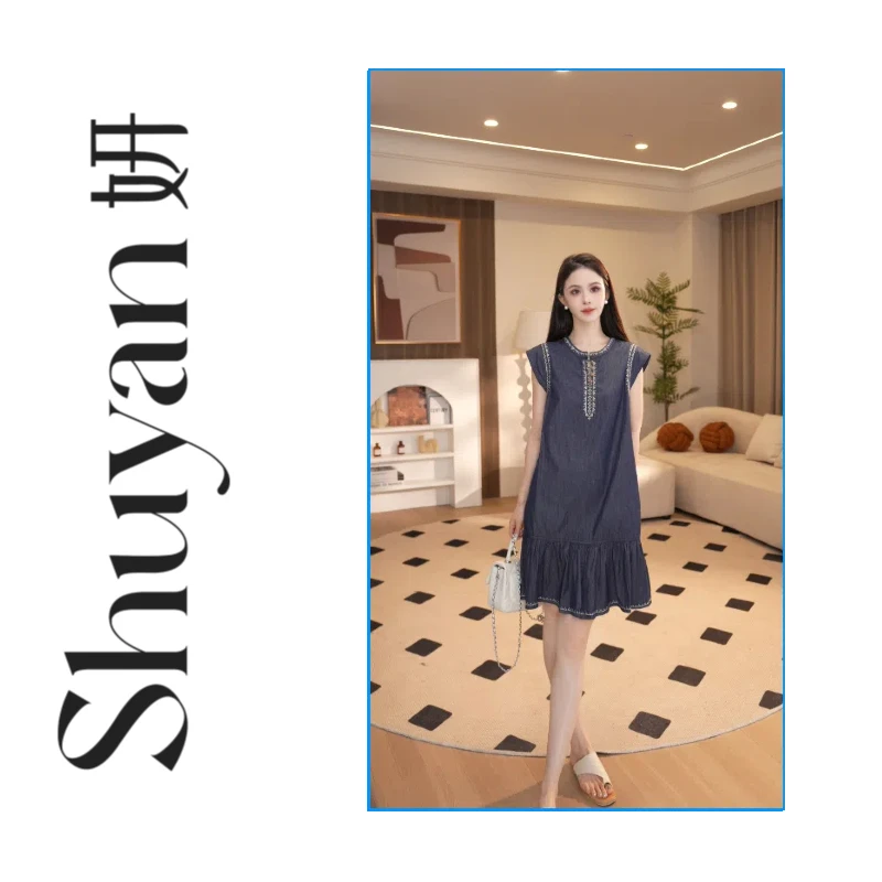 Shuyan妍【牛仔裙】民族风牛仔色小飞飞袖连衣裙牛仔短裙YZ7732