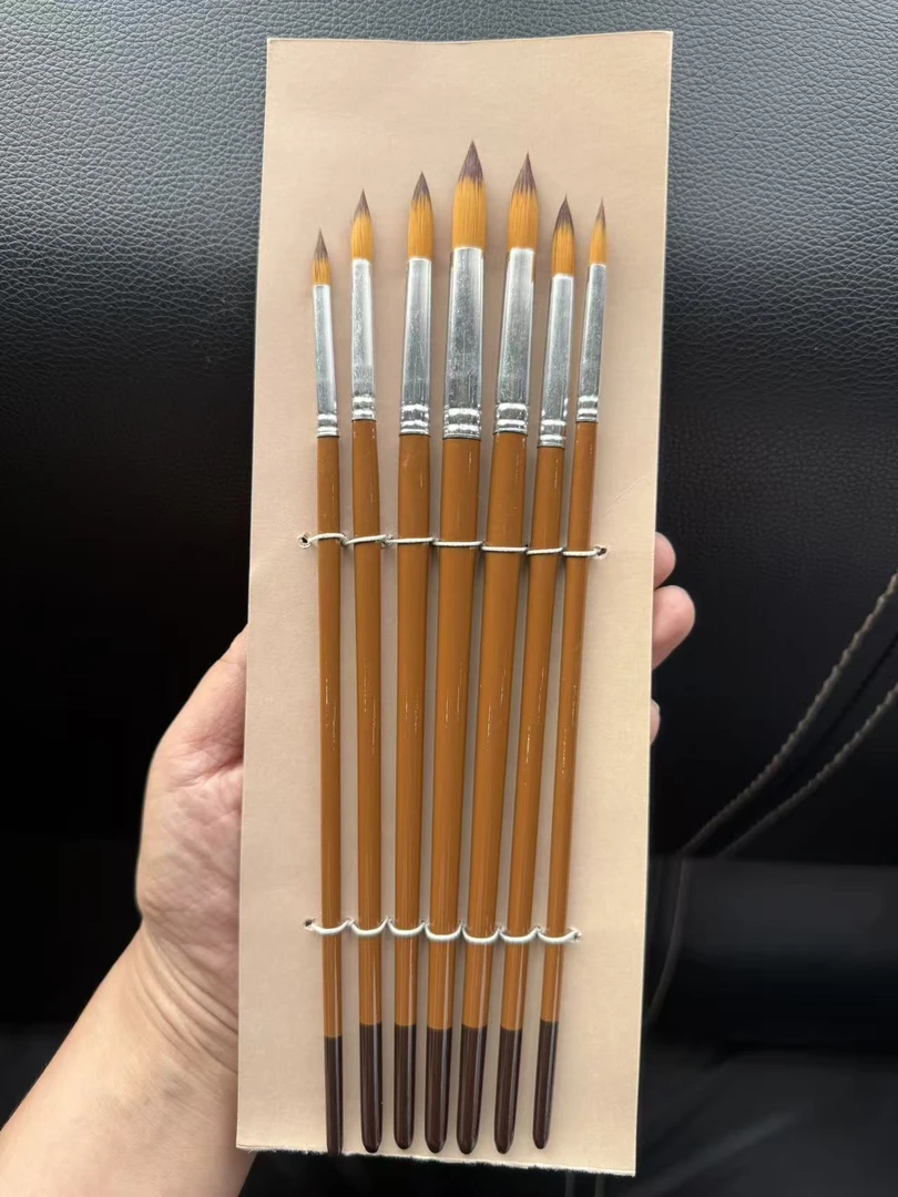 7支棕色木杆银管尖尼龙毛厂家直销油画丙烯外贸出口