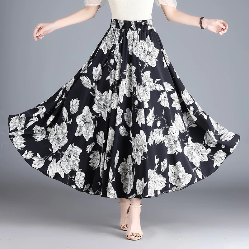 印花雪纺半身裙女夏高腰宽松大摆裙碎花薄款长裙大码显瘦垂感裙子