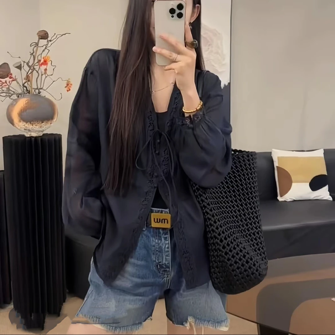 刺绣防晒静奢风系带V领常规衬衫早秋上衣多巴胺穿搭622#